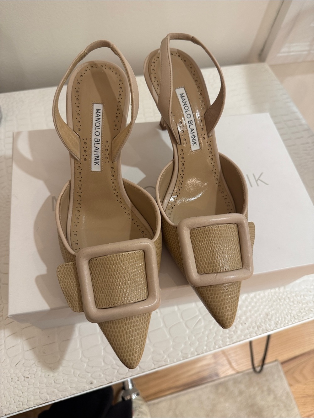 Manolo Blahnik Nude Textured Pointed Slingback Pumps with Buckle